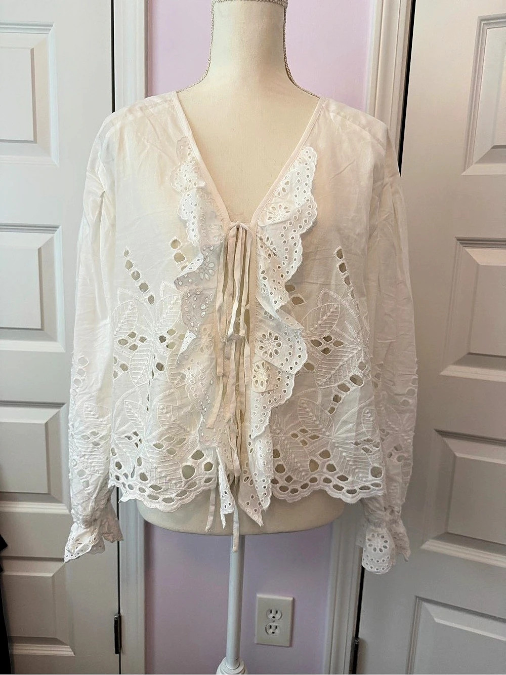 Pink Lily White Lace Tie Front Blouse Eyelet Lace